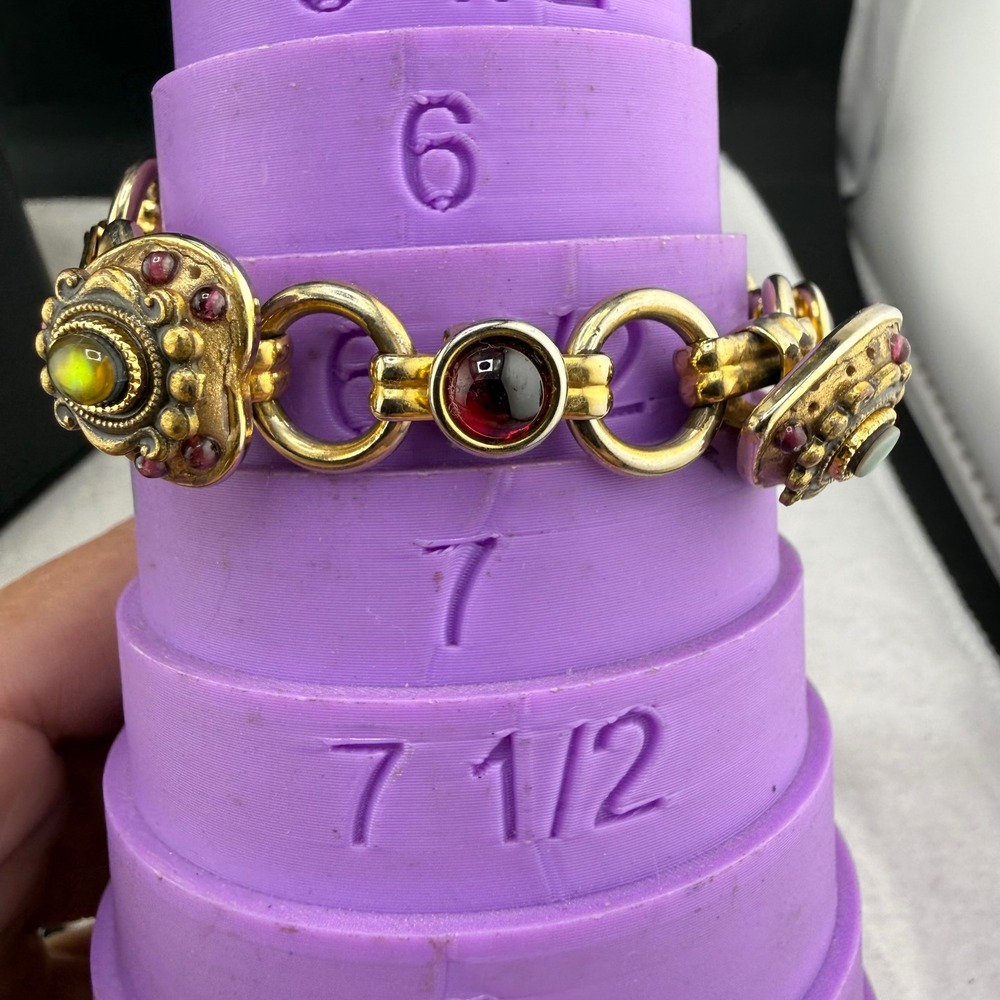 Vintage Heart Link Bracelet Gold Red Green 7.5in - Picture 4 of 9